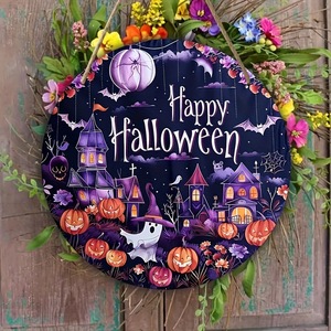 Letrero de Madera de Halloween, Decoración de Pared con Fantasma Morado, Calabaza y Casa Encantada, Adorno de Puerta con Murciélagos Espeluznantes, Decoración para Fiesta de Halloween - Product Image 1