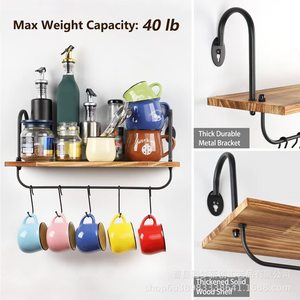 Kitchen water cup wall-mounted <b>rack</b> combining solid wood and iron, decorative storage <b>rack</b>, simple solid wood <b>shelf</b>, - Product Image 3