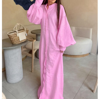 Robe longue en lin pour femme, décontractée et minimaliste, idéale pour les vacances, personnalisée, à col montant, simple boutonnage, manches lanternes et taille cintrée