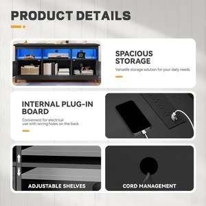 Meuble <span class=keywords><strong>TV</strong></span> noir pour salon avec rangements, prises électriques et éclairage <span class=keywords><strong>LED</strong></span>, console multimédia avec portes coulissantes - Product Image 3