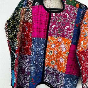 Chaqueta de algodón acolchada reversible y transpirable con patchwork Kantha, cuello en V, manga larga, estilo open stitch, para mujer, otoño-invierno - Product Image 1