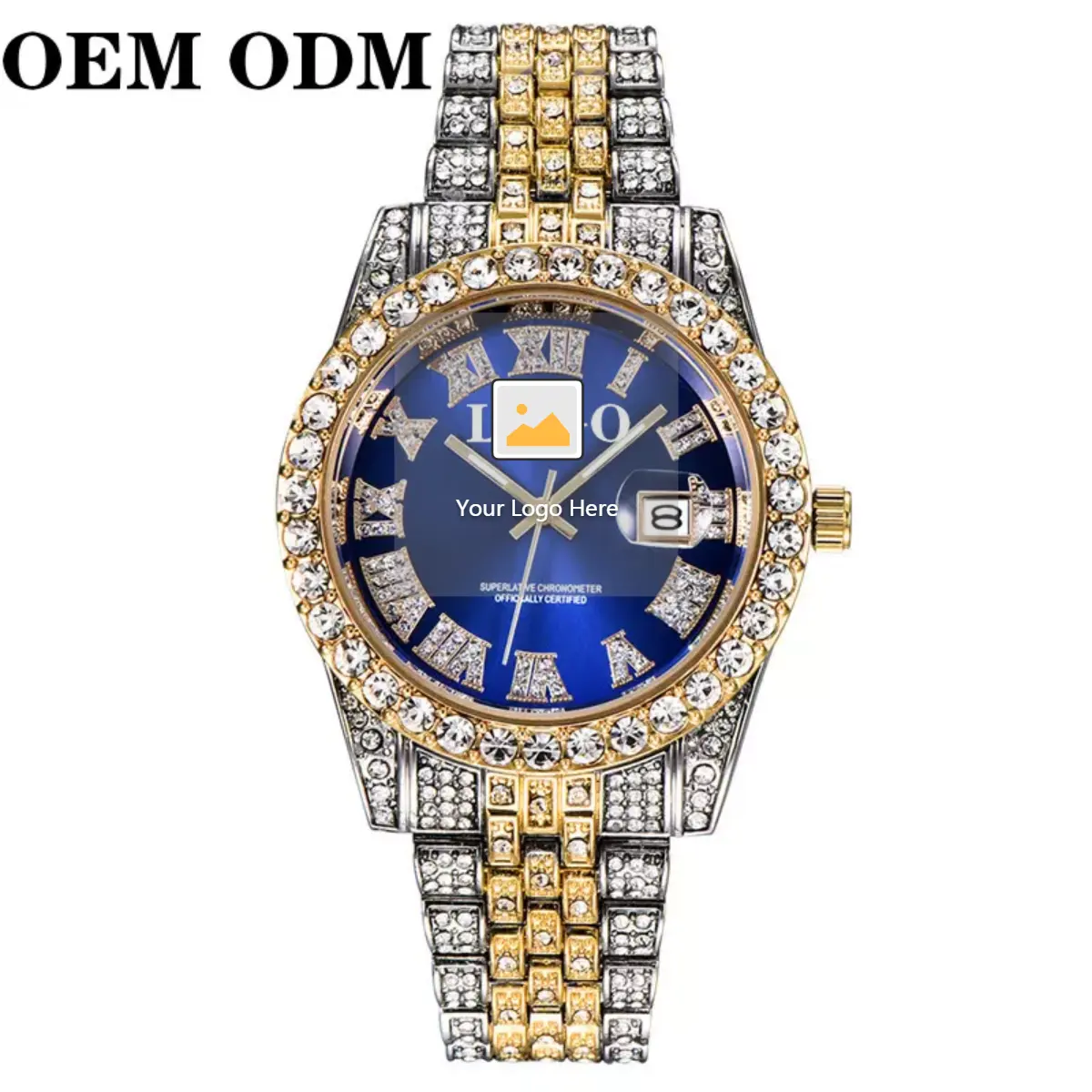 OEM ODM Luxury Fashion Day Date Quartz Blue Face Hiphop Watches Bling Hip Hop Full Diamonds Mens Iced Out Watch