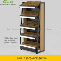 Zware metalen L-vormige enkelzijdige supermarkt groente- en fruitdisplayrek, 4 lagen, capaciteit 50-150 kg/lag, voor de detailhandel
