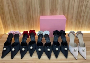 Chaussures à fleurs en satin blanc nacré pour femme, sandales à talons aiguilles, escarpins rouges élégants, talons creux peu profonds pour robe - Product Image 2