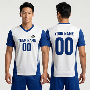 Custom Unisex Blue White Striped <b>Soccer</b> Jersey V-Neck T-Strap Short Sleeve Quick Dry Breathable 100% Polyester Front Customized - Product Image 1