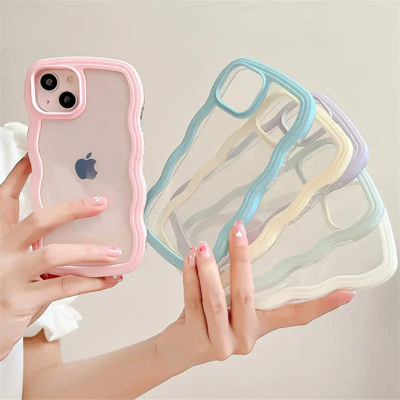 Casing ponsel desain baru 2023, casing ponsel penutup akrilik bening bingkai bergelombang warna TPU untuk iPhone 13 12 11 14 Pro Max 7 8 Plus