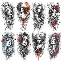 Nouveau design 3D noir réaliste tatouage temporaire feu lion tigre loup fleur crâne Halloween faux tatouages autocollants demi-bras