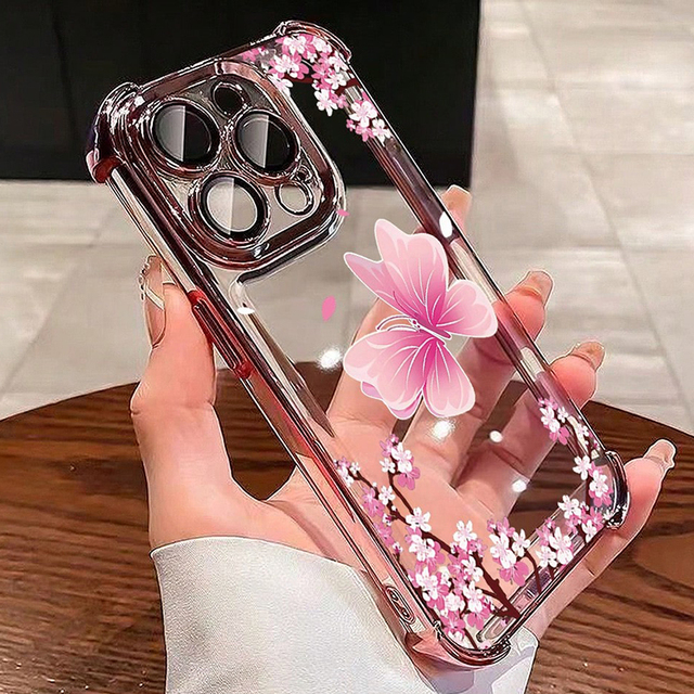 Custom Floral Pink Electroplated Transparent Phone Case for iPhone 17 16 Pro Max TPU Luxury Girly Design Anti-yellowing Covers