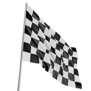 2024 ukuran kustom warna hitam putih merah balap mobil menggunakan cetak dua sisi 100% poliester bendera kotak-kotak dengan tiang