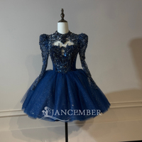 Xs321 Wunderschönes Marineblau Pailletten-Kleid mit Hohem Kragen Langen Ärmeln Silberne Kristall-Schmetterlings-Schleife Ballkleid Quinceanera-Kleid Jancember