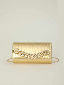 Nouvelle pochette de soirée pour femme en PU motif crocodile avec chaîne cubaine ornée de strass brillants - Product Image 5