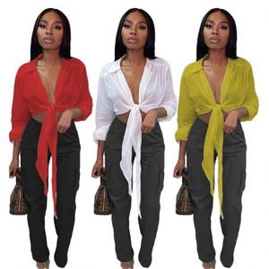 2021 nuovi arrivi <span class=keywords><strong>camicette</strong></span> da donna a manica lunga Sexy a scollo a V <span class=keywords><strong>con</strong></span> tinta unita Top Crop camicia <span class=keywords><strong>con</strong></span> <span class=keywords><strong>nodo</strong></span> in cravatta - Product Image 2