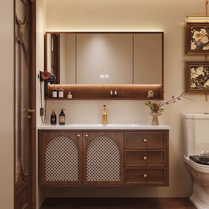 Vintage-style ceramic integrated bathroom vanity unit with washbasin and smart <b>mirror</b> cabinet - Product Image 1