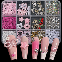 Ensemble d'accessoires pour ongles DIY en alliage, 12 grilles, avec strass en cristal rose, perles, fleurs, nœuds, cerises et papillons