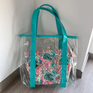 Benutzer definierte Damen große PU Leder Einkaufstasche Set Sommer wasserdichte klare Strand tasche mit Leder Palm Leaf Floral Kosmetik tasche