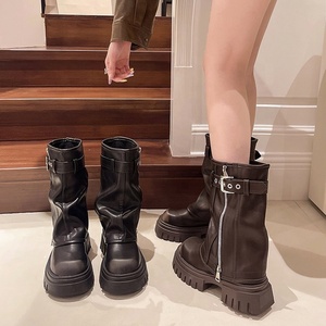 Bottes mi-mollet femme automne 2025 marron style rétro britannique western à enfiler avec fermeture éclair, talons plats épais en coton, semelle antidérapante en caoutchouc - Product Image 6