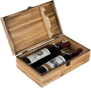 Custom Brown Dark Torch Wood Double Wine Box Wooden Wine Box with Hinged Lid Bracket Top Handle