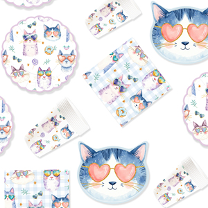Juego de Platos Desechables de Papel con Diseño de Gato de Dibujos Animados con Gafas en Forma de Corazón, Tema de Fiesta de Gatos de Dibujos Animados, Marca DAMAI - Product Image 2