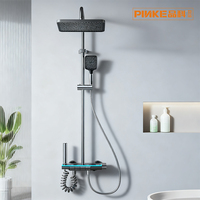 Ensemble de douche thermostatique LED en aluminium noir avec commande tactile, affichage numérique, double sortie, cartouche céramique, fixation murale, barre coulissante et douchette LED