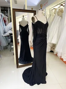 2024 Black Long Sleeve Mermaid Corset Satin Hand Pleated Elegant Evening Dresses With Side Split