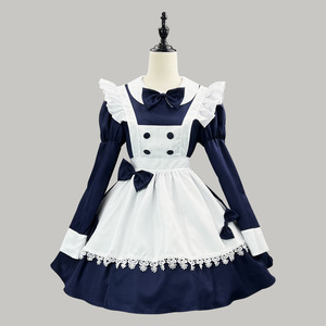 Maid Costume Navy Blue Long Sleeve Apron Dress Women Fancy Dress Halloween Cosplay Outfit - Product Image 1