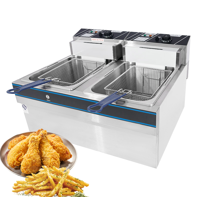 Schlussverkauf Doppeltank gewerbliche Fisch Donut Huhn Kartoffelfritteuse Maschine Pommes frites elektrische Tieffritteuse Ersatzolienfritteuse