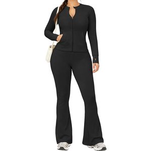 Ensemble de survêtement 2 pièces personnalisé pour femme : veste à manches longues et leggings évasés longueur cheville – Tenue décontractée respirante - Product Image 1