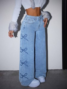 Ropa de Mujer, <span class=keywords><strong>Jeans</strong></span> de Pierna Ancha con Estampado de Lazo y Cintura Alta, Pantalones Vaqueros Holgados con Gráficos Laterales, Ropa para Mujer - Product Image 1
