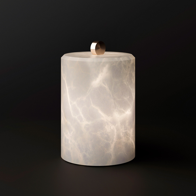 Modern Luxury Natural Alabaster Cylinder Table Lamp with Gold Top Knob LED Desk Lamp for Bedroom Living Room