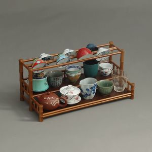 Support de rangement pour vaisselle en bambou fait main, à trois niveaux, avec porte-tasses et égouttoir, adapté aux théières en argile violette. - Product Image 1