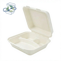 3-delige suikerrietbagasse clamshell voedselbox, biologisch afbreekbaar, composteerbaar, voor afhaalmaaltijden, picknick en kamperen