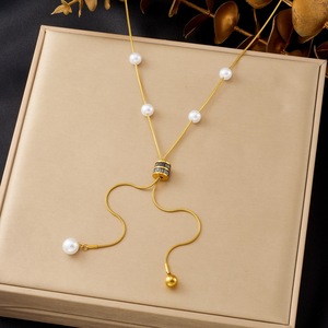 Gold Plated Stainless Steel Snake Chain Pearl Pendant Necklace Tassel Design Everyday Wear - Product Image 1