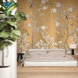 Papier peint mural élégant de style chinoiserie, design luxueux d'oiseaux et de fleurs avec impression UV ou broderie en feuille d'or et d'argent - Product Image 1
