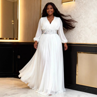 ADR060379 Robes de soirée tendance grandes tailles, col en V, manches lanternes, robe en mousseline de soie blanche, robes longues pour femmes, robes de soirée