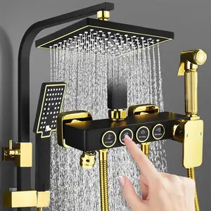 Hot Selling Square Black Gold Bathroom Shower Faucet Sets Head Shower Column Hot Cold Thermostatic Shower System