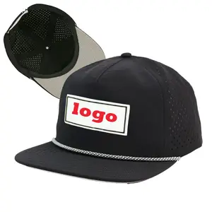 HS16 3d Rubber Patch Logo On Brim Performance Laser Cut Perforated Camo Rope Duck Hat Unstructured 5 Panel Snapback Cap