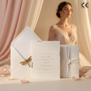 <span class=keywords><strong>Tarjeta</strong></span> de Invitación de Boda con Grabado Floral de Alta Calidad y Prestigio, Papel de Color Marfil Personalizado con Diseño de Sello de Cera, Venta al por Mayor - Product Image 1