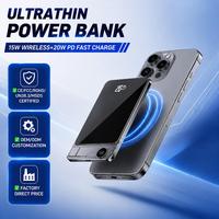 Batería Externa Magnética OEM de 5000 mAh, Carga Inalámbrica de 15 W, Carga Rápida PD de 20 W, Aluminio, Ultra Delgada de 8.5 mm, con Soporte Integrado