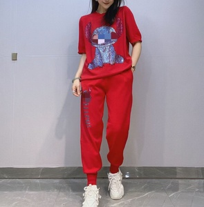 Rhinestone phim hoạt hình phụ nữ ngắn tay áo t Áo sơ mi và quần Bộ hai mảnh phụ nữ thời trang bộ oc1013 - Product Image 6