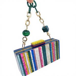 Colorful Striped Resin Clutch With <b>Gold</b> Chain And Green Beads Artistic Fashion Handbag - Product Image 1