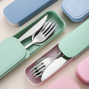 Ensemble de couverts de camping en acier inoxydable, design classique écologique, cuillère et fourchette avec boîte en paille de blé pour la rentrée scolaire - Product Image 4