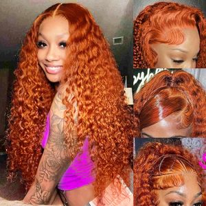 Parrucche Frontali in Pizzo Arancione Zenzero con Capelli Umani, Onda Profonda, 13x4 HD Trasparente, Ricci, Densità 250%, Colore Rame - Product Image 2