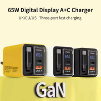 Chargeur GaN 65W avec câble rétractable intégré, affichage numérique, ports USB Type C, chargeur pour iPhone et tablette