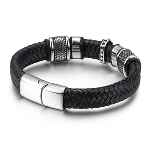 Bracelet en cuir noir fait main <span class=keywords><strong>pour</strong></span> homme avec breloque croix en acier inoxydable, fermoir magnétique durable, cadeau de bijoux tendance - Product Image 3