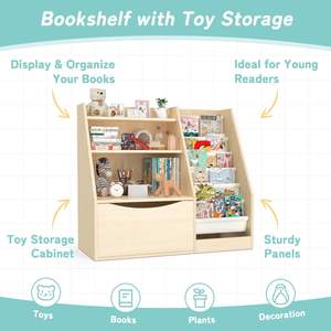 2 Tier Kids Bookshelf and <b>Book</b> Storage Organizer Wooden Toddler Sling Bookcase with Storage Boxes for Nursery Playroom Bedroom - Product Image 5
