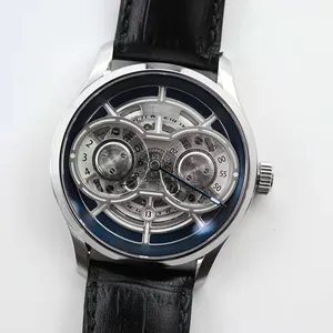 Luxus kleid Edelstahl gehäuse Automatik Automatik Mechanische Uhr Leder armband Automatische Skelett Herren uhren