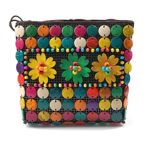 Renkli hindistan cevizi kabuğu çanta farklı tasarım moda el yapımı boncuklu kızlar çanta güneydoğu asya tatil tarzı hindistan cevizi çantası