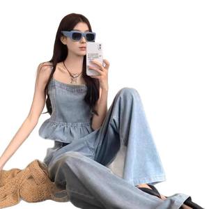 Ensemble deux pièces en jean pour femme : débardeur court et pantalon large, tenue décontractée respirante pour l'été, motif imprimé SAND WASH - Product Image 2