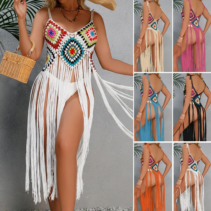 Crochet Hollow Out Tassel Beach Crochet Cover Up Long Dress Sexy Women Bikini Swimsuit Cover Ups Beach Dress