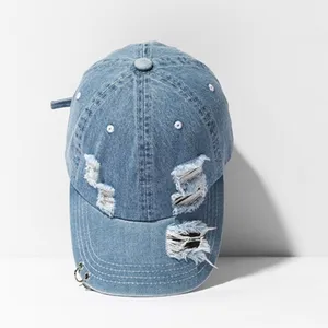 Tùy Chỉnh Thêu Logo Vintage Đau Khổ Đồng Bằng Trống Denim CHA Mũ